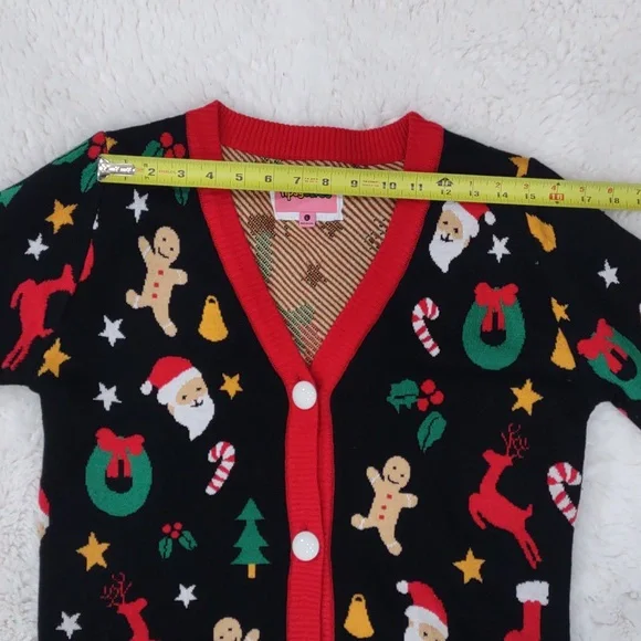 Tipsy Elves Black Cardigan with Red Trim and Festive Motifs - Picture 11 of 17